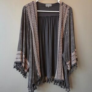 POL Black Distressed Embroidered Tassel Kimono‎ Cardigan Women's M Boho Hippie
